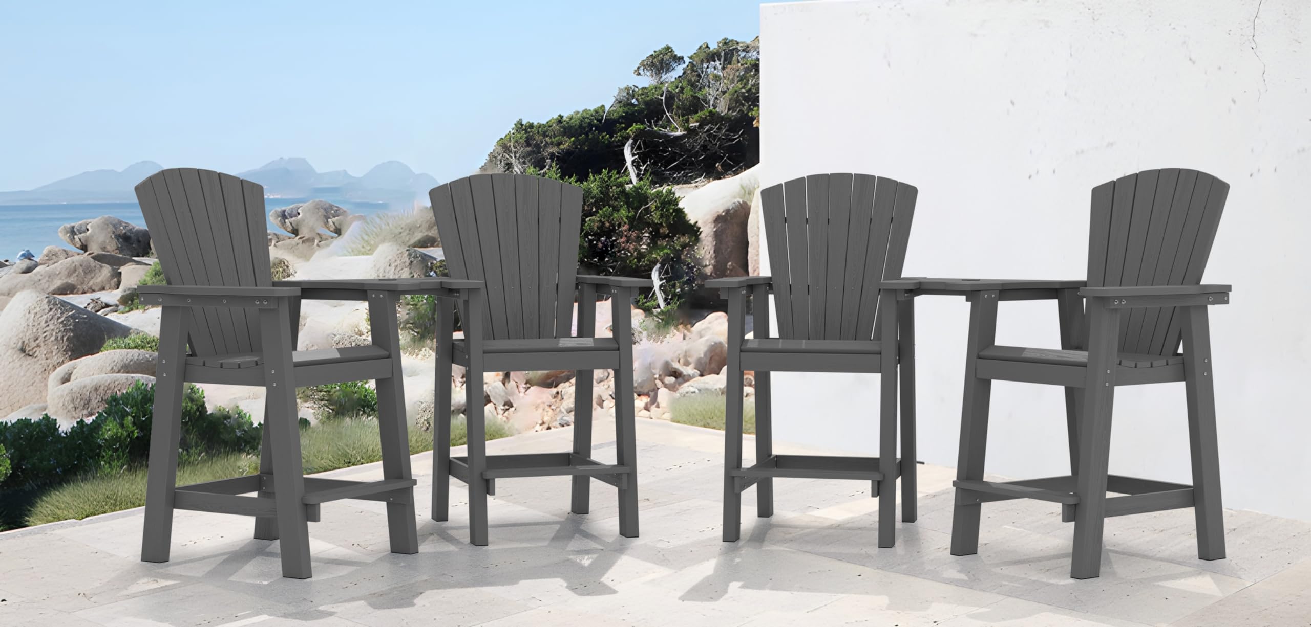 Kingyes Embossed Balcony Height Chair With Connecting Tray, Tall Poly Adirondack Chair Set Of 4, High Airondack Chair With Wood Grain, Gray